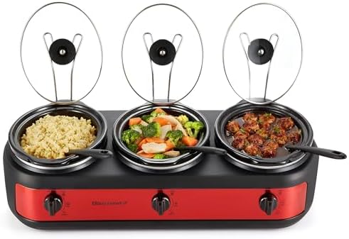 Elite Gourmet EWMST-325R Maxi-Matic Triple Slow Cooker Buffet Server Adjustable Temp Dishwasher