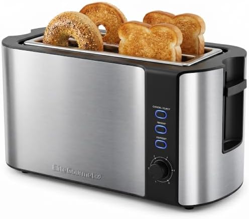 Elite Gourmet ECT-3100 4-Slice Long Slot Toaster | Extra Wide Slots for Bagels