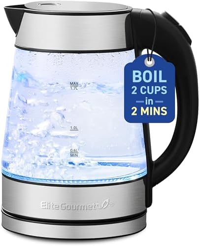 Elite Gourmet EKT-602 Electric BPA-Free Glass Kettle, Cordless 360° Base