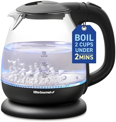 Elite Gourmet EKT1001B Electric 1.0L BPA-Free 1100W Glass Kettle Cordless 360° Base
