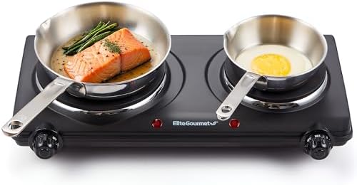 Elite Gourmet EDB-302BF# Countertop Double Cast Iron Burner, 1500 Watts Electric Hot Plate