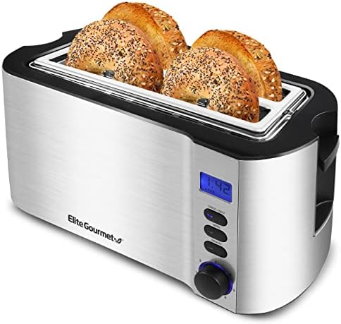 Elite Gourmet ECT4400B# Long Slot 4 Slice Toaster, Countdown Timer, 6 Toast Setting, Defrost