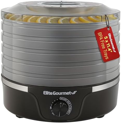 Elite Gourmet EFD319BNG Food Dehydrator, 5 BPA-Free 11.4" Trays Adjustable Temperature Controls