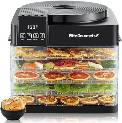 Elite Gourmet EFD422 Digital Food Dehydrator with 5 BPA Free Trays, Top Mounted Fan & Heater