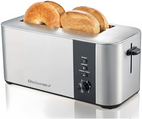 Elite Gourmet ECT3401 Long Slot 4 Slice Toaster, 1.5” Slot Width, 6 Toast Shade Settings