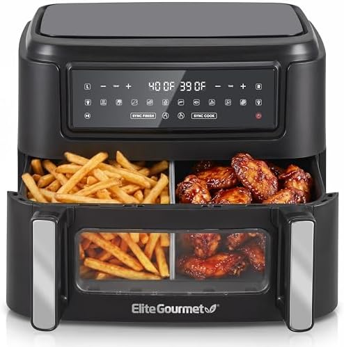 Elite Gourmet Dual Zone Air Fryer Oven 11QT, Dual Basket Air Fryer with Divider