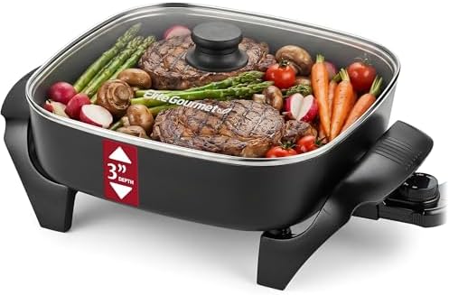 Elite Gourmet PFAS-Free Ceramic Electric Skillet, Extra Deep 12"x12"x3", Less Splatter