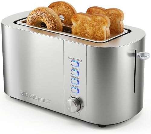 Elite Gourmet ECT4123X Long Slot 4 Slice Toaster, Extra Wide 1.5" and 5.1" Deep Slots, Bagel