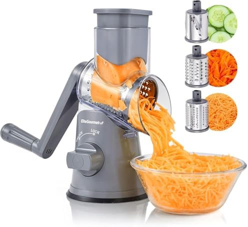 Elite Gourmet EFP593 Rotary Cheese Grater with 3 Stainless-Steel Blades for Slicing