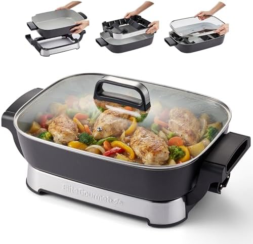 Elite Gourmet 15" x 12" x 3" Stow-Away Foldable Electric Skillet, Ceralast™ PFAS Free Ceramic